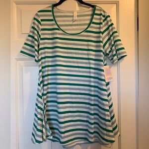Medium LuLaRoe Perfect T in White with Green and Blue Stripes.